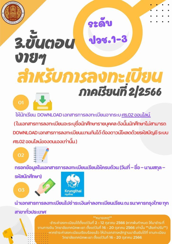 ขั้นตอนการลงทะเบียนของนักเรียน-นักศึกษา วท.พะเยา  ภาคเรียนที่ 2/2566( ลงทะเบียนชำระเงินได้ที่ธนาคารกรุงไทยทุกสาขาทั่วไทยตั้งแต่วันที่ 2-12 ต.ค.2566 เกินกำหนดเสียค่าปรับ )
